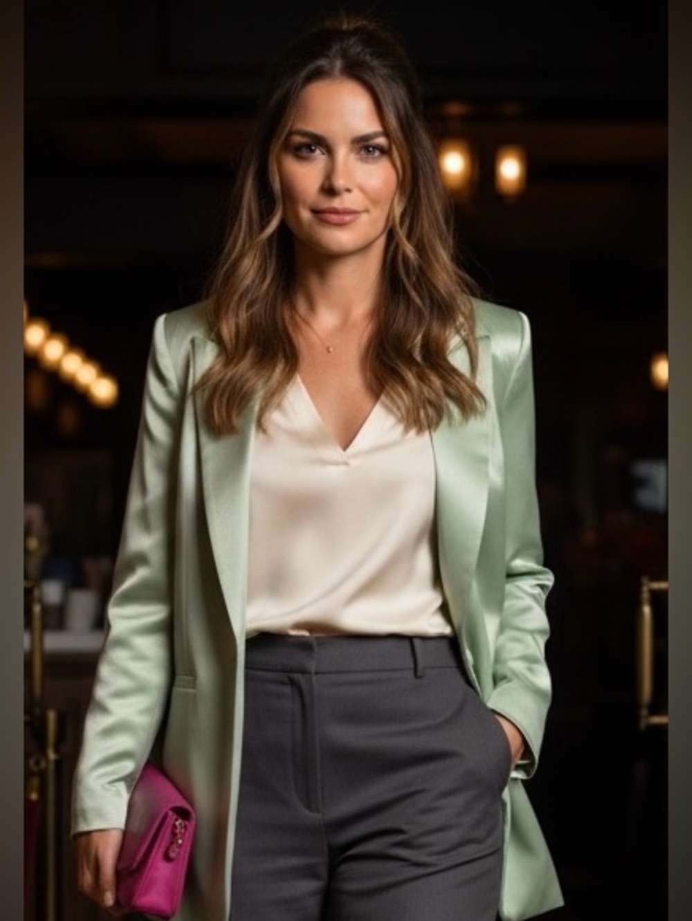 Alice + Olivia Sage Green Longline Blazer Size 8 | Satin Finish | Single Button